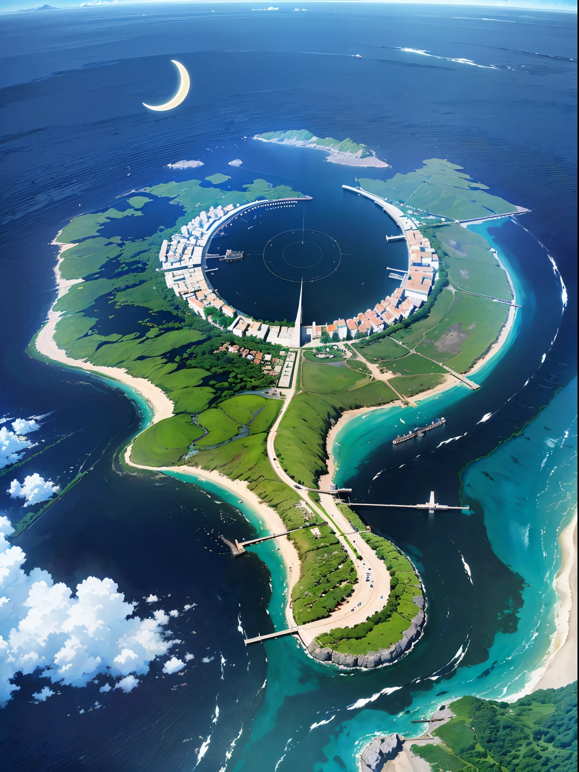 (RAW Photos, Best Quality), (animesque: 1.2), (utopian), ((A huge crescent-shaped island that was originally connected to the continent.)), There is a waterway that goes around the island., The part inside the waterway is the mainland of Utopia., There are 54 cities on the island, 6,000 houses in each city, art and scientific research,
