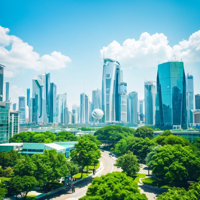 cool futuristic city。there is green everywhere。The building is round and pure white.。The time is noon。