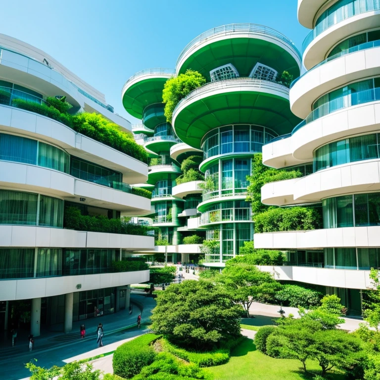 cool futuristic city。there is green everywhere。The building is round and pure white.。The time is noon。