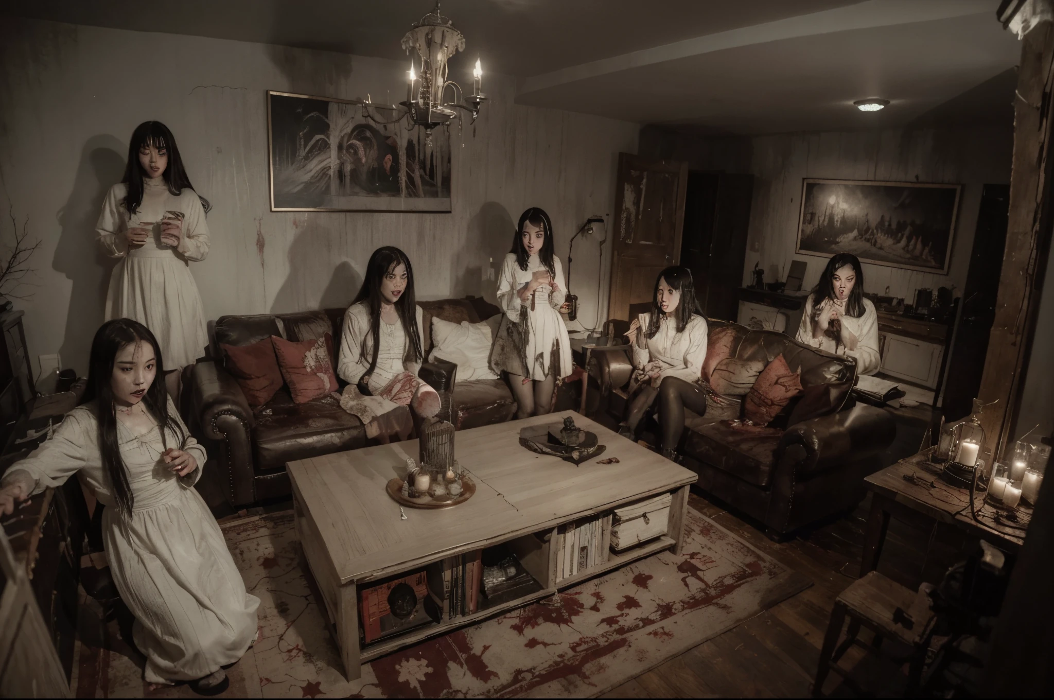(Best quality, 8k, 32k, Masterpiece, UHD:1.2) "Generate a nightmarish and haunting art piece inspired by Junji Ito's 'Tomie,' featuring the horror character with all of her hair flowing upward in a supernatural and unsettling manner. Depict her with a terrifying, zombie-like face and bloodstains on her school uniform, creating a chilling atmosphere. Utilize dynamic lighting to intensify the horror, casting eerie shadows and highlights that enhance the macabre details of the scene. Emphasize the grotesque and nightmarish elements to capture the terrifying essence of Junji Ito's horror aesthetic." the lake reflection is Evil, Monstrous, other-wordily, cursed, scary, horror,
