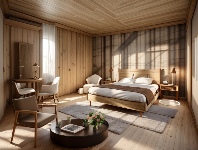 a bed room, morden style, wood material, warm light, 3d render, realistic photo
