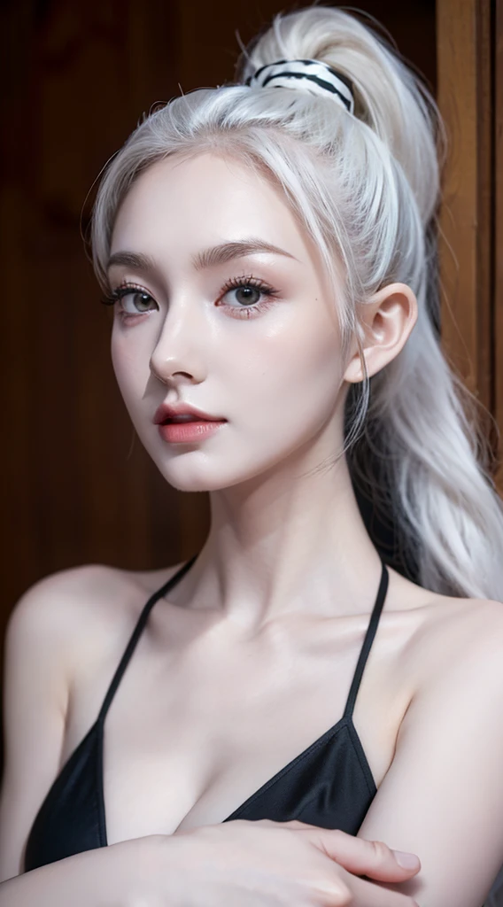 (masterpiece:1.2, Highest quality), (Beautiful, detailed eyes: 1.2), Focus alone, (Very detailed、8k wallpaper, masterpiece, Highest quality, Super detailed, Best Shadow), (Detailed Background), (Beautifully detailed face, Beautiful attention to detail) Super big breasts、Cleavage、, One girl, Large Breasts, Beautiful and sexy woman, Adult, (Best lighting, Very delicate and beautiful),(Black Background), View your viewers,Beautiful sparkle,(((silverhair)))Purple bra、Purple Pants