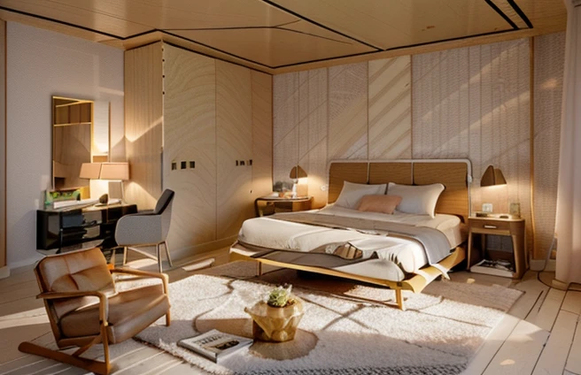 a bedroom, modern luxury style, plywood material, Cool light, 3d render realistic photo.