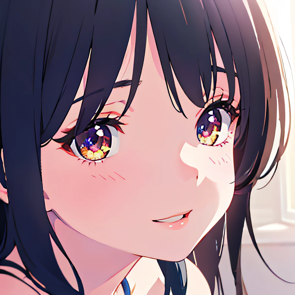 photographrealistic, (masutepiece,Best Quality:1.4),(8K,Raw photo,photographrealistic:1.2), Detailed skin,Detailed face,1girl in,Japanese Idol,Cute face, Black hair,Small breasts, slender, shiny eyes, Smile, BREAK (Side view:0.6), Cute camisole, pastel color