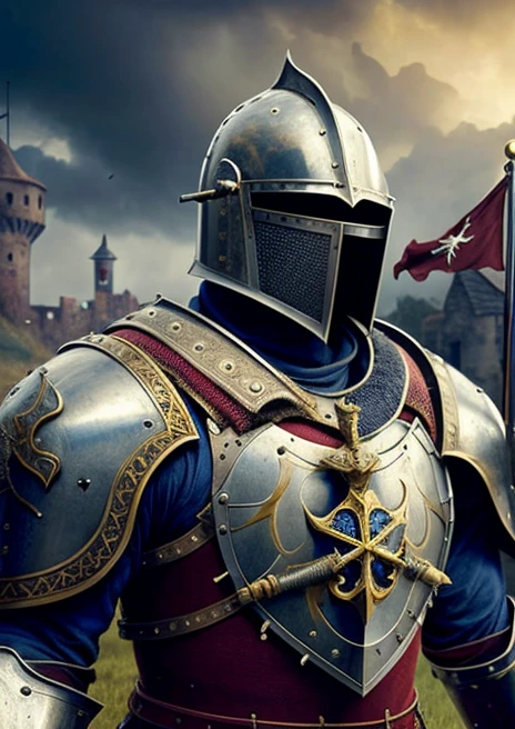 (best quality,4k,8k,highres,masterpiece:1.2),ultra-detailed,(realistic,photorealistic,photo-realistic:1.37),medieval knight,iron cross,ornate armor,shiny helmet,sharp sword,medieval battlefield,heroic pose,clashing swords,heavy horse,strength and honor,stormy skies,dark and moody lighting,majestic posture,vibrant colors,intricately engraved armor,detailed facial expressions,splashes of blood,creased flags fluttering in the wind,chainmail glistening,battle scars,adrenaline-fueled atmosphere,exquisite details on the cross,medieval castle in the background,majestic horse rearing up,proud and noble knight,courage and bravery shining through,fierce determination,valor and prowess,ancient heraldry and emblems,powerful symbolism,the chivalry code, epic battle scene,valor and courage,house of war,medieval weaponry,ancient prophecies,warrior spirit,symbol of knighthood,ancient order of knights,eternal legacy.