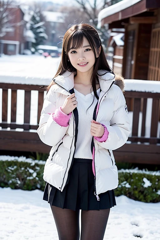 The cutest girl who works as a gravure idol is in the snow、with shiny brown hair、She is wearing a down jacket, a tight miniskirt with a houndstooth pattern, black pantyhose, and long white boots, making her look captivating.。She smiled confidently.、Facing the camera in a professional pose。her fashion and expressions、A perfect balance between cuteness and elegance、It draws the viewer in and doesn&#39;t let go.。Through this scene、Express her charm to the fullest