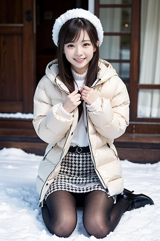 The cutest girl who works as a gravure idol is in the snow、with shiny brown hair、She is wearing a down jacket, a tight miniskirt with a houndstooth pattern, black pantyhose, and long white boots, making her look captivating.。She smiled confidently.、Facing the camera in a professional pose。her fashion and expressions、A perfect balance between cuteness and elegance、It draws the viewer in and doesn&#39;t let go.。Through this scene、Express her charm to the fullest
