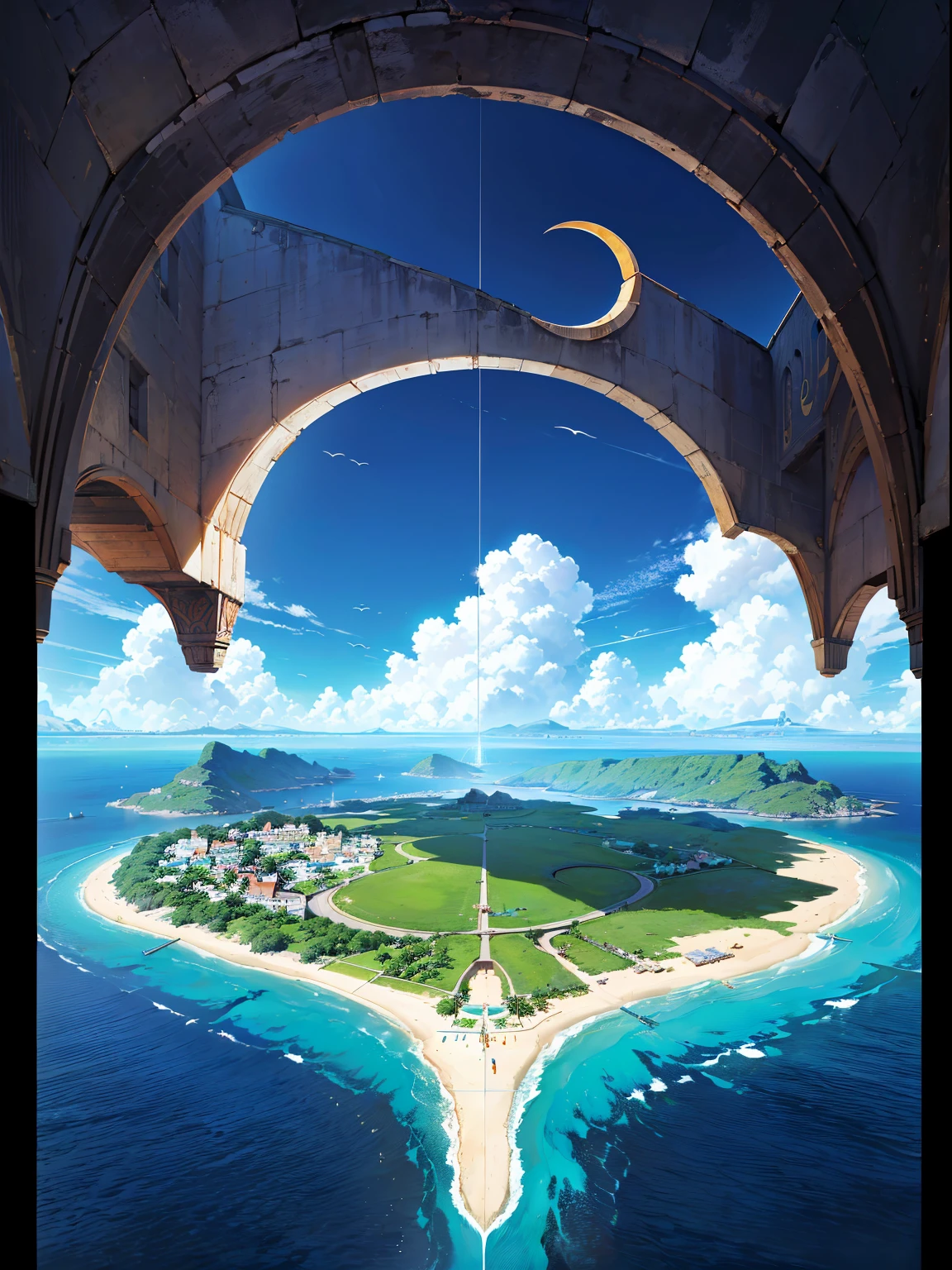 (RAW Photos, Best Quality), (animesque: 1.2), (utopian), ((A huge crescent-shaped island that was originally connected to the continent.)), There is a waterway that goes around the island., The part inside the waterway is the mainland of Utopia., There are 54 cities on the island, 6,000 houses in each city, art and scientific research,