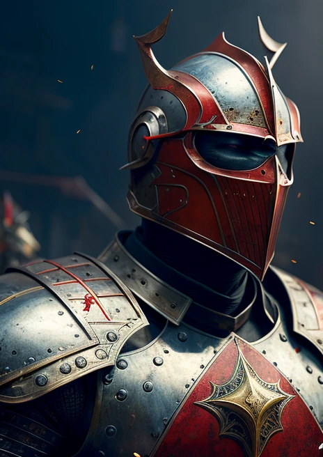 (best quality,4k,8k,highres,masterpiece:1.2),ultra-detailed,realistic,professional,cinematic lighting,portrait,medieval,red cross knight,sword,armor,heroic,vibrant colors,detailed face,weathered armor,strong presence,determined expression,gritty textures,contrasting highlights and shadows,illustration style,cobblestone background,ancient castle silhouette,emblematic composition,imposing stance,chaotic battlefield,foreboding atmosphere,crimson cloak flowing,dusty air,valor and honor,legendary figure,divine protection,sharp edges,lustrous metal,skilled warrior