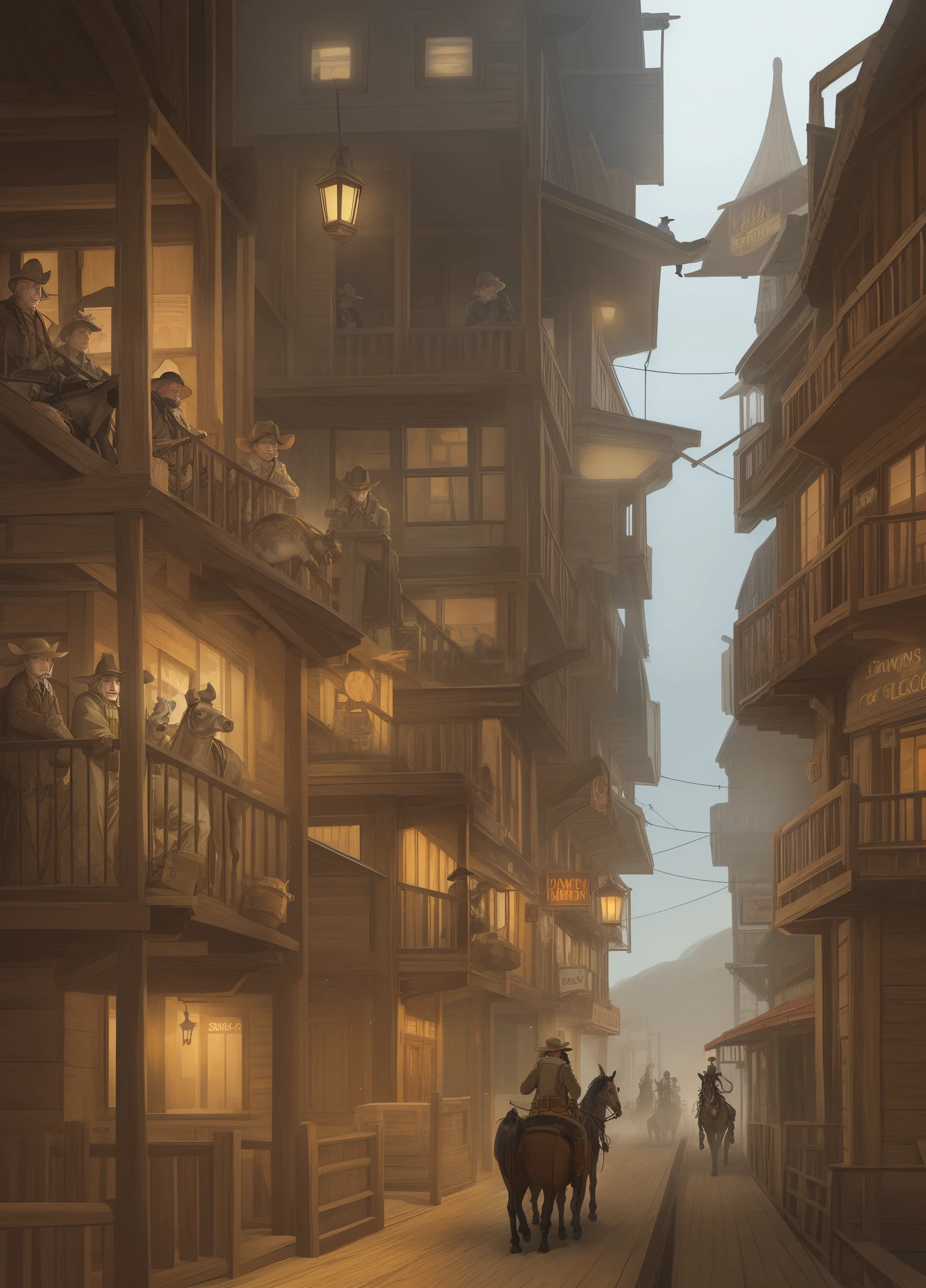 A sun-baked Western town with wooden buildings and swirling dust. Three cowboys, JACK (seasoned), SAM (young and eager), and BILL (grizzled veteran), ride into town on horseback, their faces etched with determination.