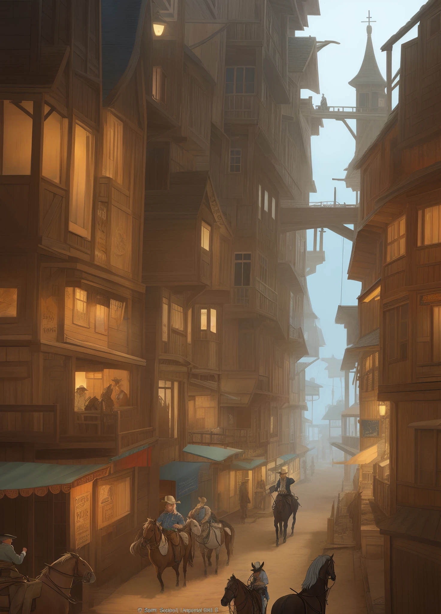 A sun-baked Western town with wooden buildings and swirling dust. Three cowboys, JACK (seasoned), SAM (young and eager), and BILL (grizzled veteran), ride into town on horseback, their faces etched with determination.