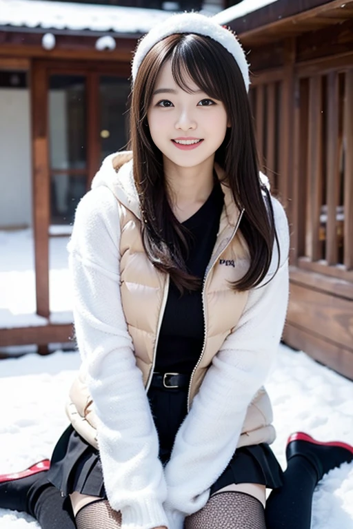 The cutest girl who works as a gravure idol is in the snow、with shiny brown hair、She is wearing a down jacket, a tight miniskirt with a houndstooth pattern, black pantyhose, and long white boots, making her look captivating.。She smiled confidently.、Facing the camera in a professional pose。her fashion and expressions、A perfect balance between cuteness and elegance、It draws the viewer in and doesn&#39;t let go.。Through this scene、Express her charm to the fullest