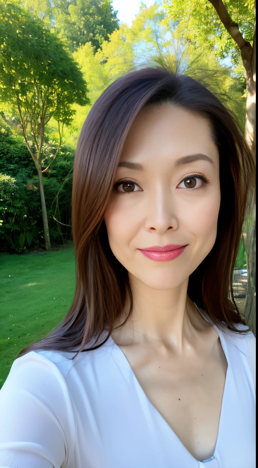 Dark brown hair, light brown eyes, Japan actress face, adult woman, face about 40 years old, (complex details: 1.2), (highest quality: 1.4), (ultra high definition: 1.2), ultra high resolution, (detailed eyes), (detailed facial features), HDR, 8k resolution, terrace in the woods, moderately sized breasts, wearing a thin sheer blouse shirt, bra showing through, Wearing a sheer tight miniskirt, buttocks, buttocks showing towards us, smooth knees,
