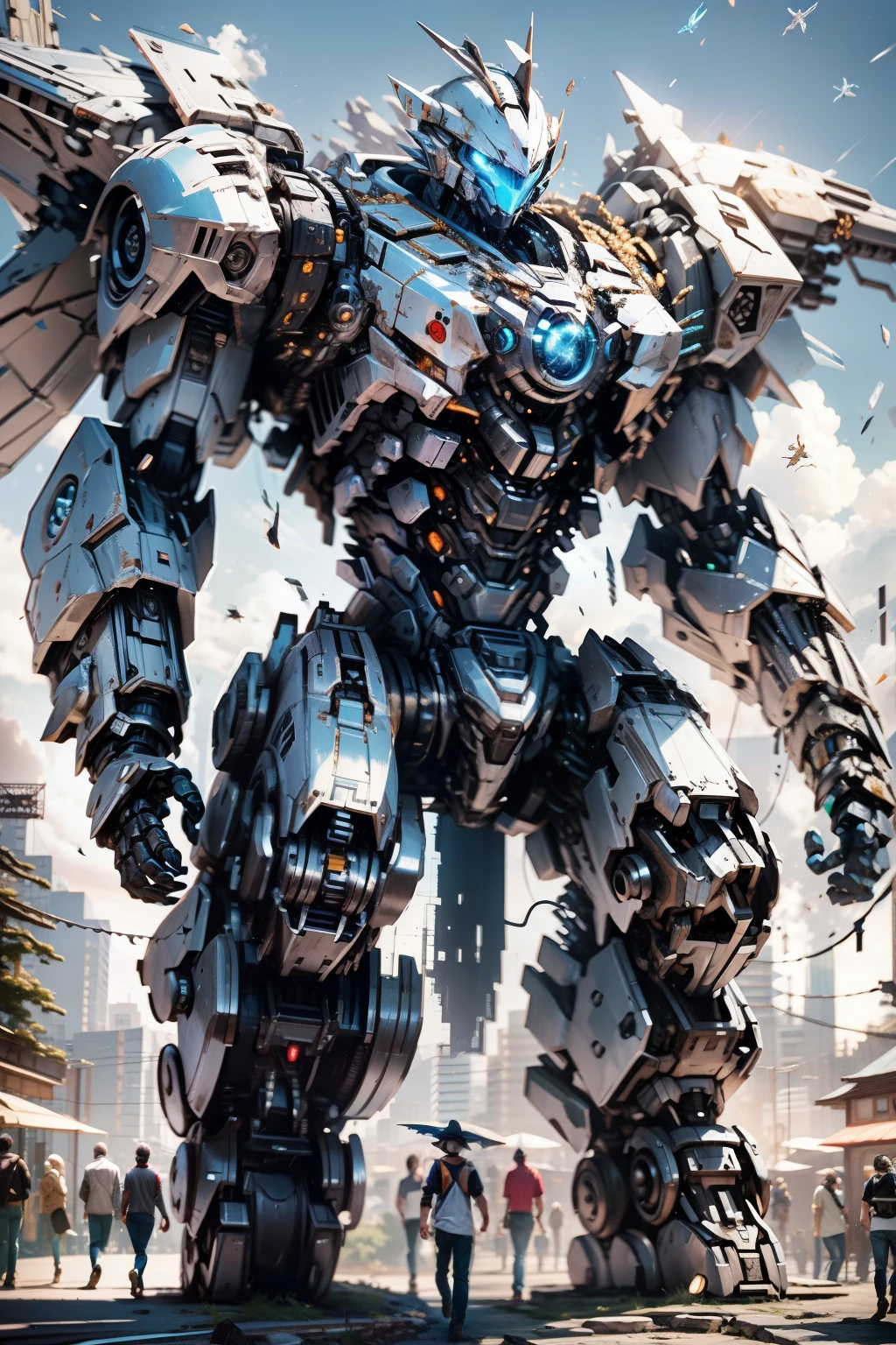 Primer plano del robot, anime robotic mixed with organic, Bajo las estrellas consta de muchos fragmentos de metal, A Dragon Made of Machine Parts, Mecha de anime gigante, Tremendo robot mecha, Mecha de Vitruvio, Escultura de metal, Arte del metal, Robot hecho de piezas de chorro, Pterodactyl wick, Cola de caballo alta, inexpresivo, cinematic lighting, desde abajo, Imagen residual, cubismo, Detalles altos, Altas Resoluciones, Detalles altos, UHD
