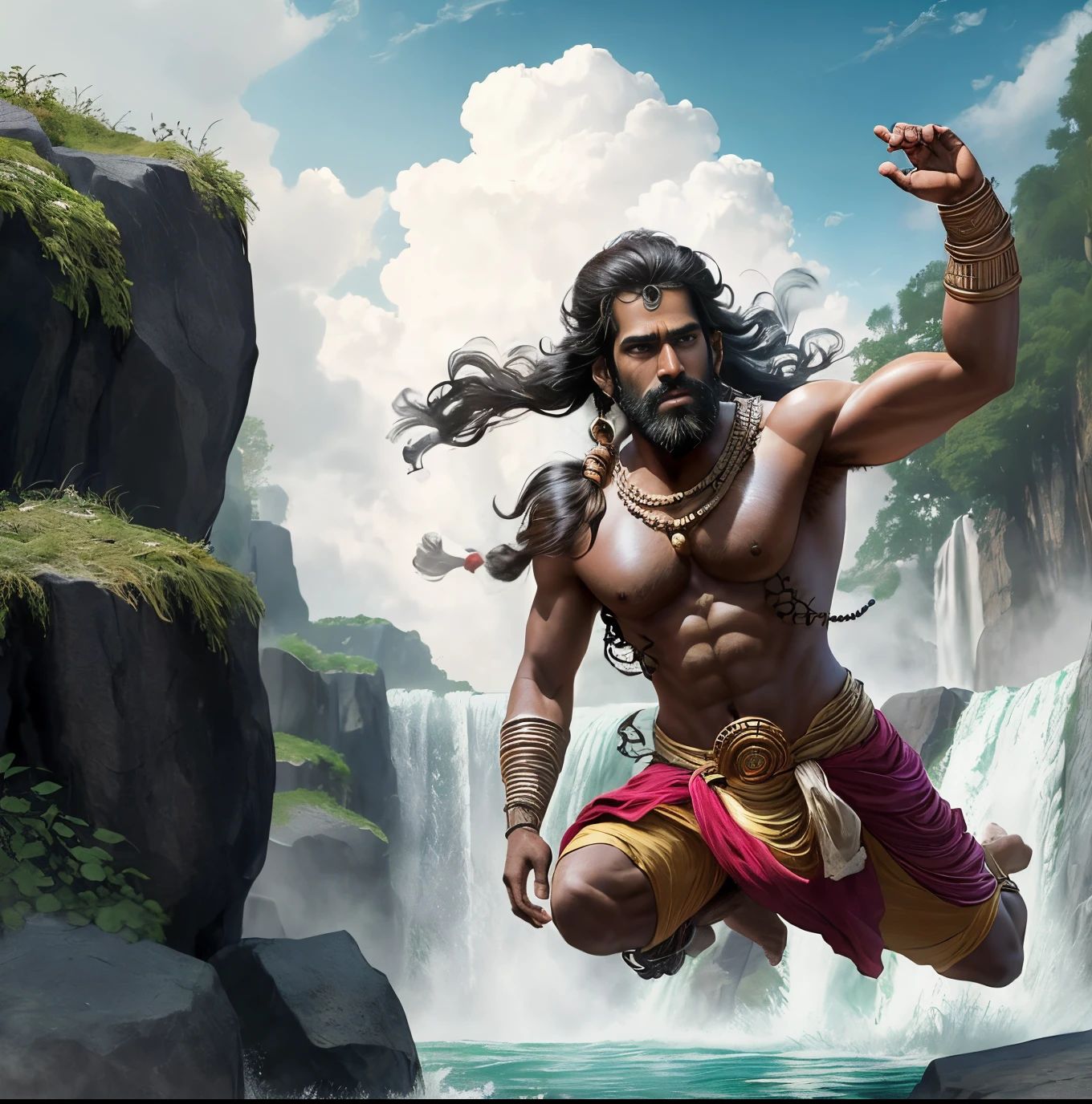 Envision a breathtaking scene where Bahubali takes a daring dive off a waterfall, showcasing both courage and spectacle.
