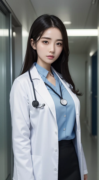 Realistic beauty doctor、Amazingly beautiful、Doctor white coat, collared shir、(top-quality、8K、32K、masterpiece、north african free trade area:1.3)、超高分辨率,(真实感:1.4),Original photography, 详细的脸,,beautiful hairl,real looking skin、 ((Doctor style)), , Black tight skirt、 natural makeup,, Full, large breasts、Inside the hospital, detailedbackground, perfect litthing, depth of fields, Beautiful shadow gradient,stethoscope ,
