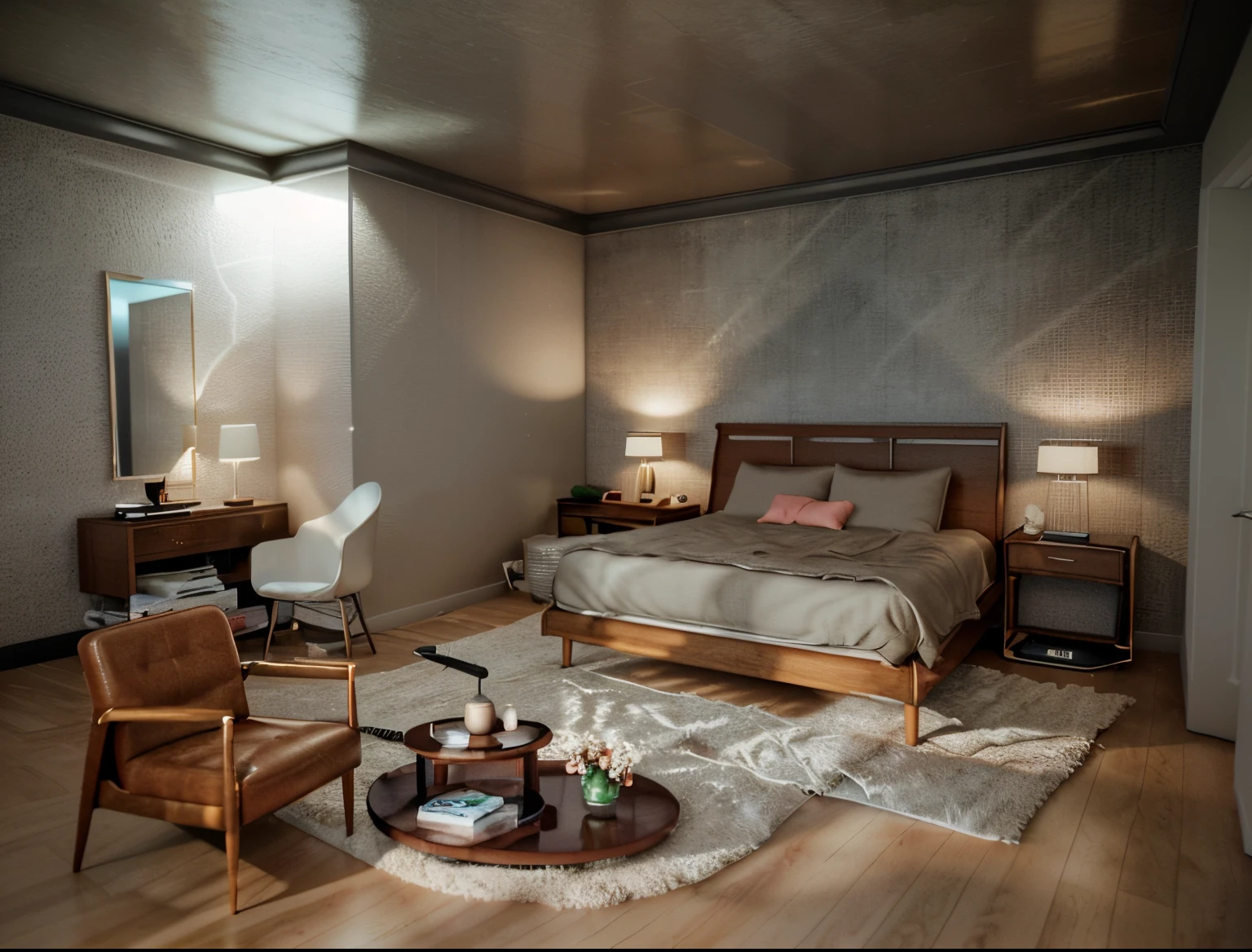a bedroom , midcentury style , hard material , hot light , 3d render , realistic photo