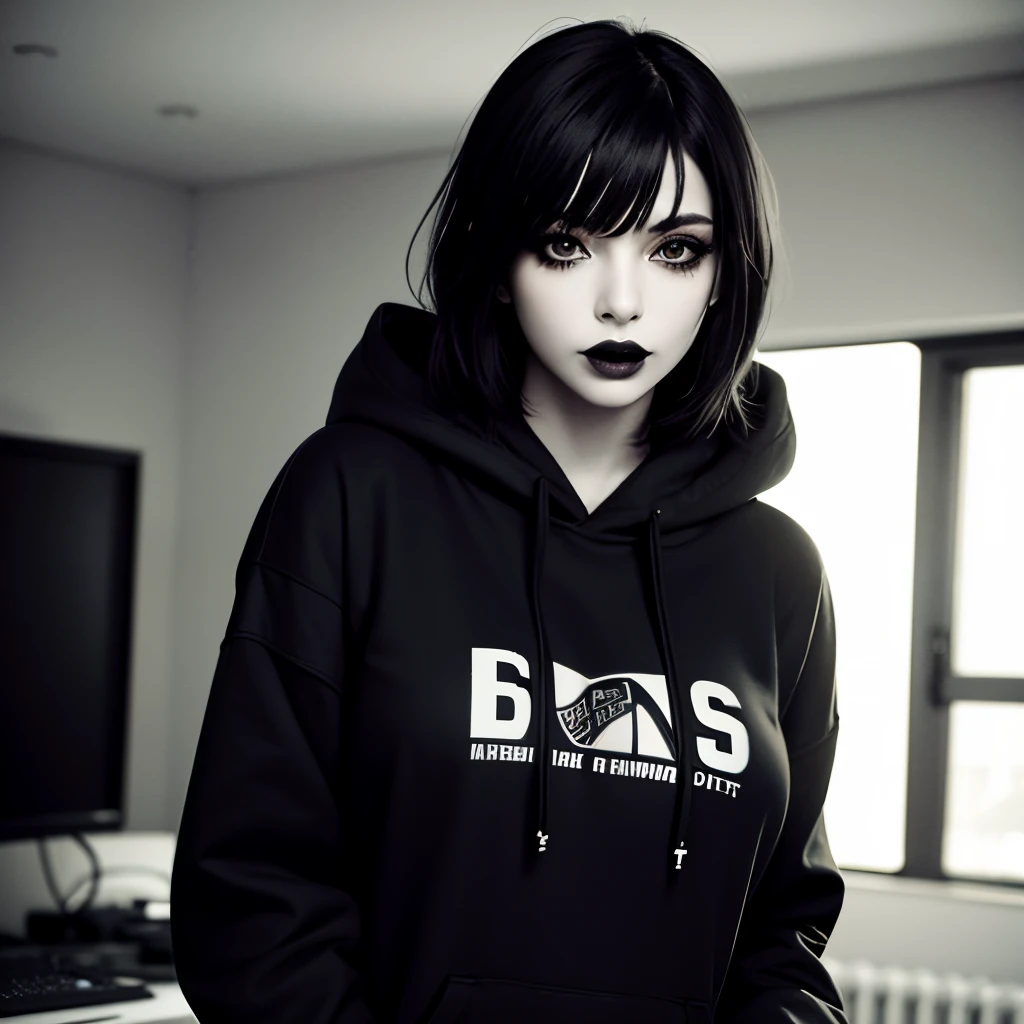 realism, realistic ,heavy mascara, black lipstick, emo, 1girl, hair over eye, black and white bauhaus room, large breasts, black hoodie