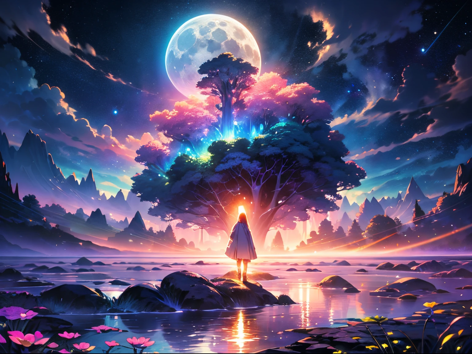 pink, Fantastic magical World, Colorful flowing clouds, Water spirits and lots of water bubbles, rainbow, all under a shimmering night sky filled with earth and moon, PsyAI,