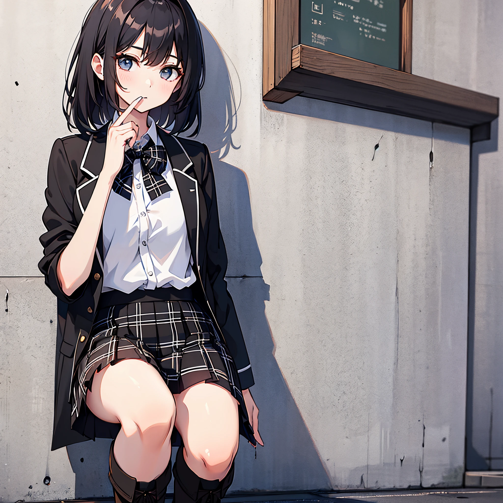 1girl, usual high school uniform, a black plaid skirt which reaches just below her knees, along with a white dress shirt and black tie. On her feet are a pair of thigh-highs and leather boots. On wall, smoking