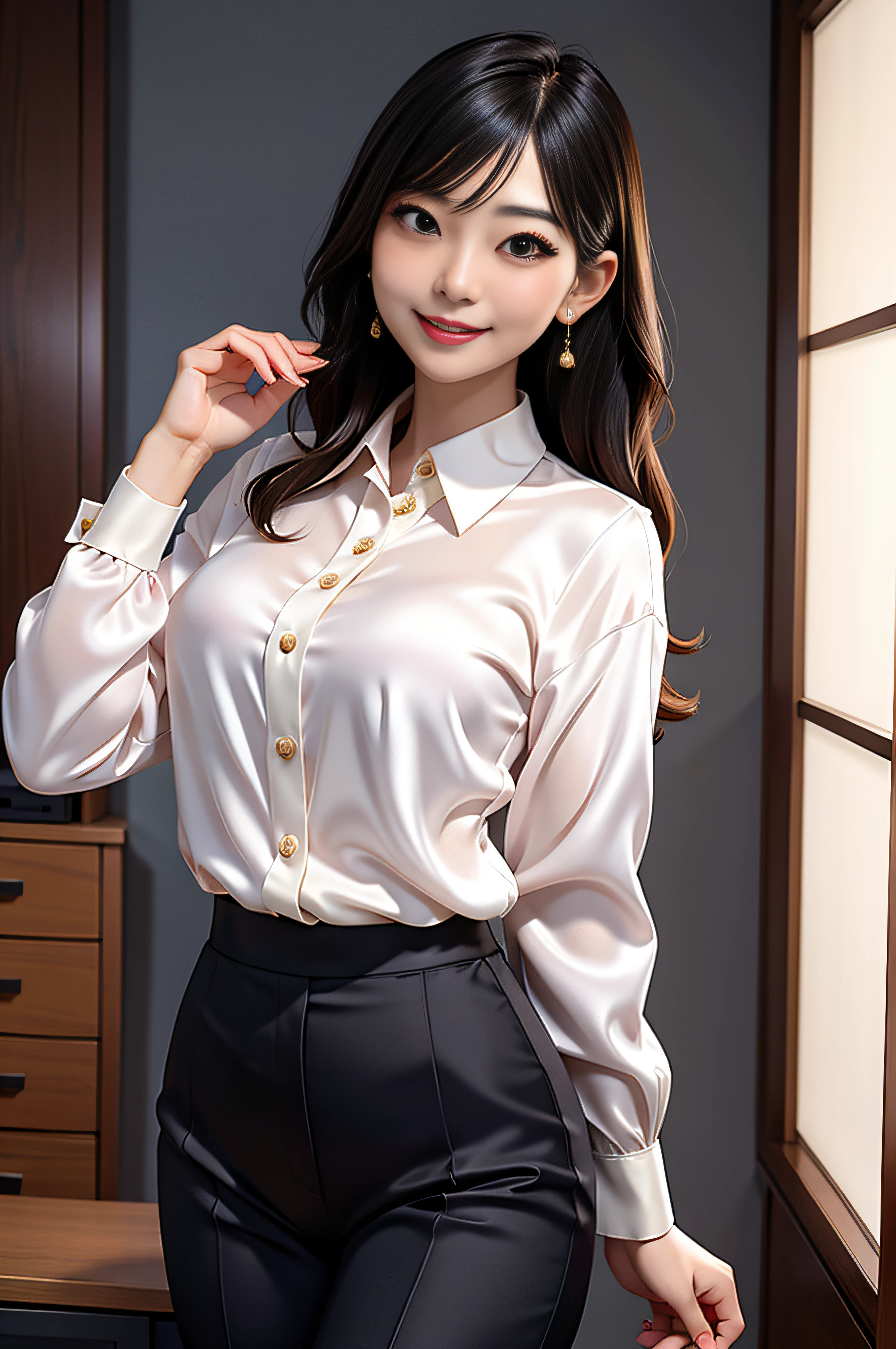 Beautiful Japanese woman,  masterpiece,  smiling, seductive, office wear, wearing office clothes,  silk blouse, tight silk  work pants, thick thighs, large breasts, silk clothes, sexy pose