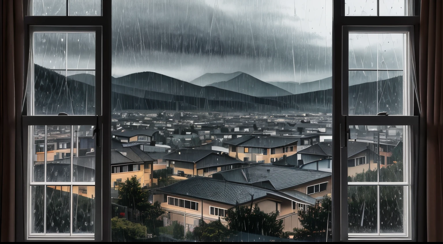 There is a window that can see the mountains and the house, cartoon moody scene, praise&#39;Portrait outside the window, it is raining outside the window, gloomy weather. hyper realisitc, it is raining outside the window, Rainy afternoon, Atmosphere of rain, Open window ib background, rainy scene, Rain aesthetics, window ( Sateen ), Comfortable wallpaper, rainy evening