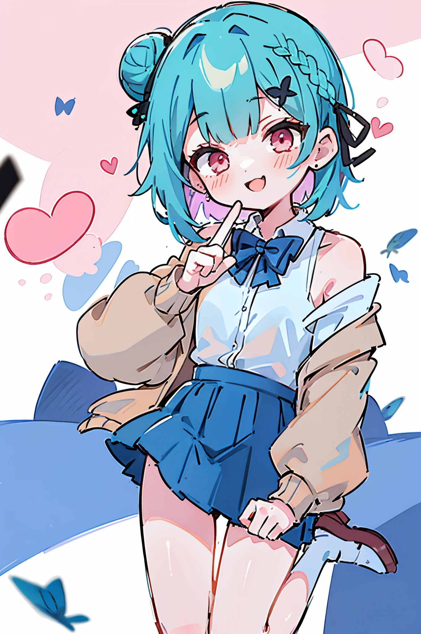 1girl, solo , ((short hair, smile , more details eyes )), blueskirt, shirt,blue hair ,thighhights, sleeveless shirt (hair bun) , sleeveless , pleated skirt, looking at viewer, off shoulder , collared shirt , open clothes, white thighhtighs, pink eyes , white background