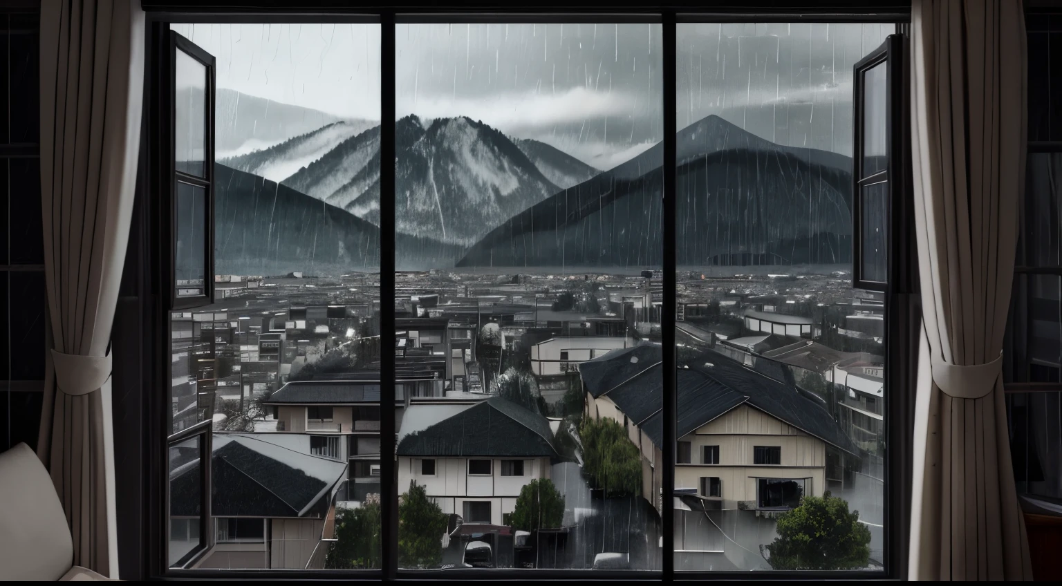 There is a window that can see the mountains and the house, cartoon moody scene, praise&#39;Portrait outside the window, it is raining outside the window, gloomy weather. hyper realisitc, it is raining outside the window, Rainy afternoon, Atmosphere of rain, Open window ib background, rainy scene, Rain aesthetics, window ( Sateen ), Comfortable wallpaper, rainy evening