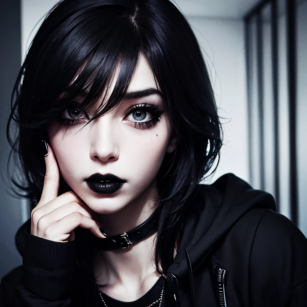 realism, realistic ,heavy mascara, black lipstick, emo, 1girl, hair over eye, black themed bauhaus room, black hoodie
