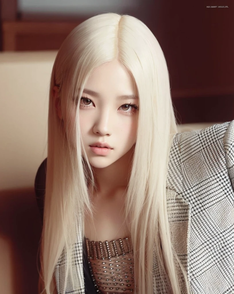 Un primer plano de una mujer con cabello largo y rubio y una chaqueta, Parque Roseanne de Blackpink, con el pelo largo y blanco, con pelo largo blanco, Retrato de Jossi de Blackpink, Chica con el pelo blanco, Jossi de Blackpink, Retrato Jisoo Blackpink, albino white pale skin, Su cabello es blanco, pelo blanco, Jisoo de Blackpink, JIA, Jisoo de Blackpink