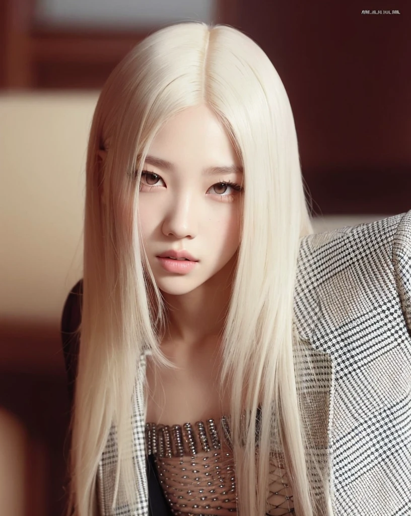 Un primer plano de una mujer con cabello largo y rubio y una chaqueta, Parque Roseanne de Blackpink, con el pelo largo y blanco, con pelo largo blanco, Retrato de Jossi de Blackpink, Chica con el pelo blanco, Jossi de Blackpink, Retrato Jisoo Blackpink, albino white pale skin, Su cabello es blanco, pelo blanco, Jisoo de Blackpink, JIA, Jisoo de Blackpink