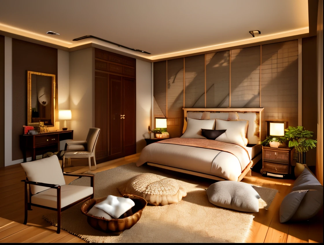A bedroom,indochine style, elegent meterial , warm light, 3d render, realistic photo