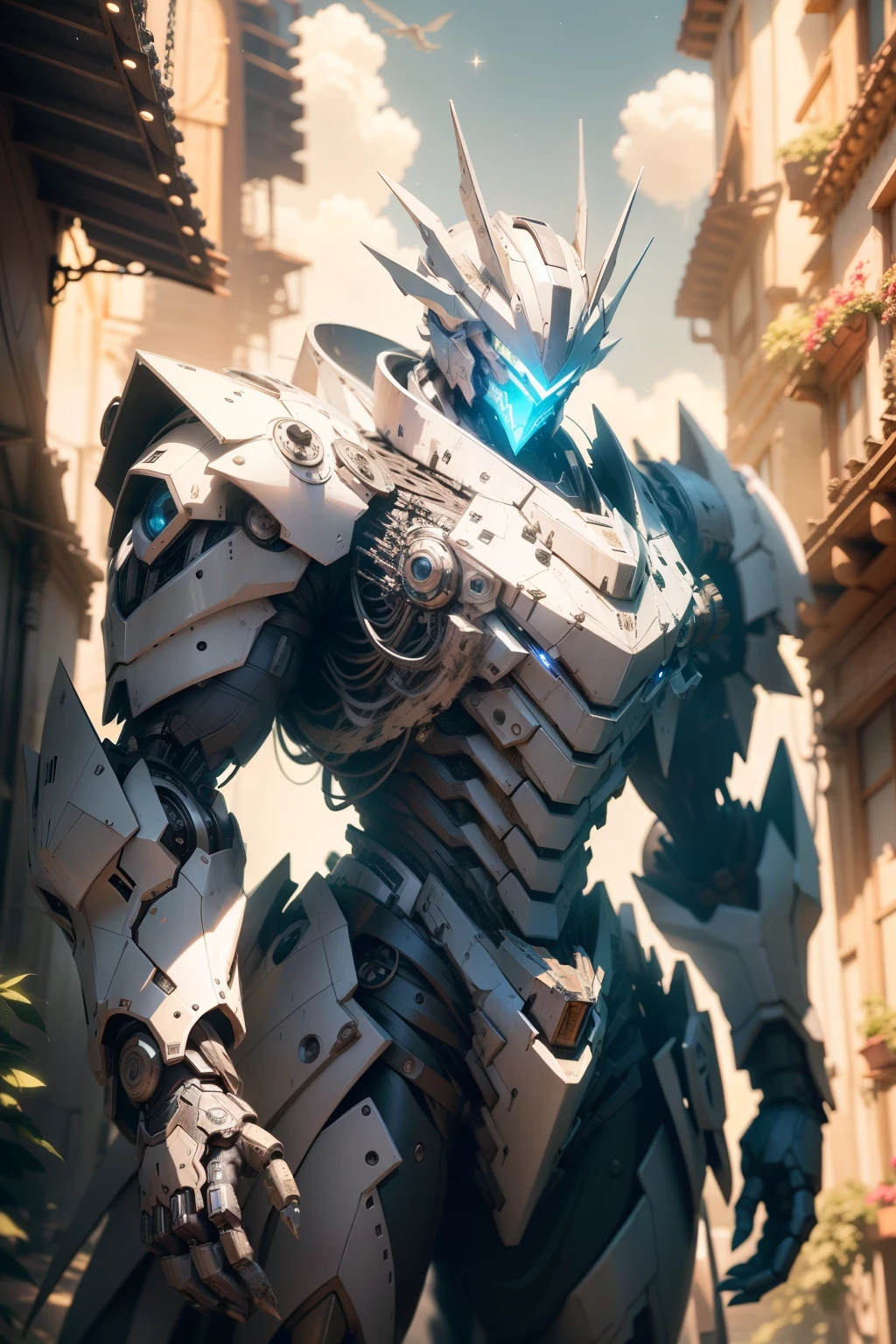 Primer plano del robot, anime robotic mixed with organic, Bajo las estrellas consta de muchos fragmentos de metal, A Dragon Made of Machine Parts, Mecha de anime gigante, Tremendo robot mecha, Mecha de Vitruvio, Escultura de metal, Arte del metal, Robot hecho de piezas de chorro, Pterodactyl wick, Cola de caballo alta, inexpresivo, cinematic lighting, desde abajo, Imagen residual, cubismo, Detalles altos, Altas Resoluciones, Detalles altos, UHD