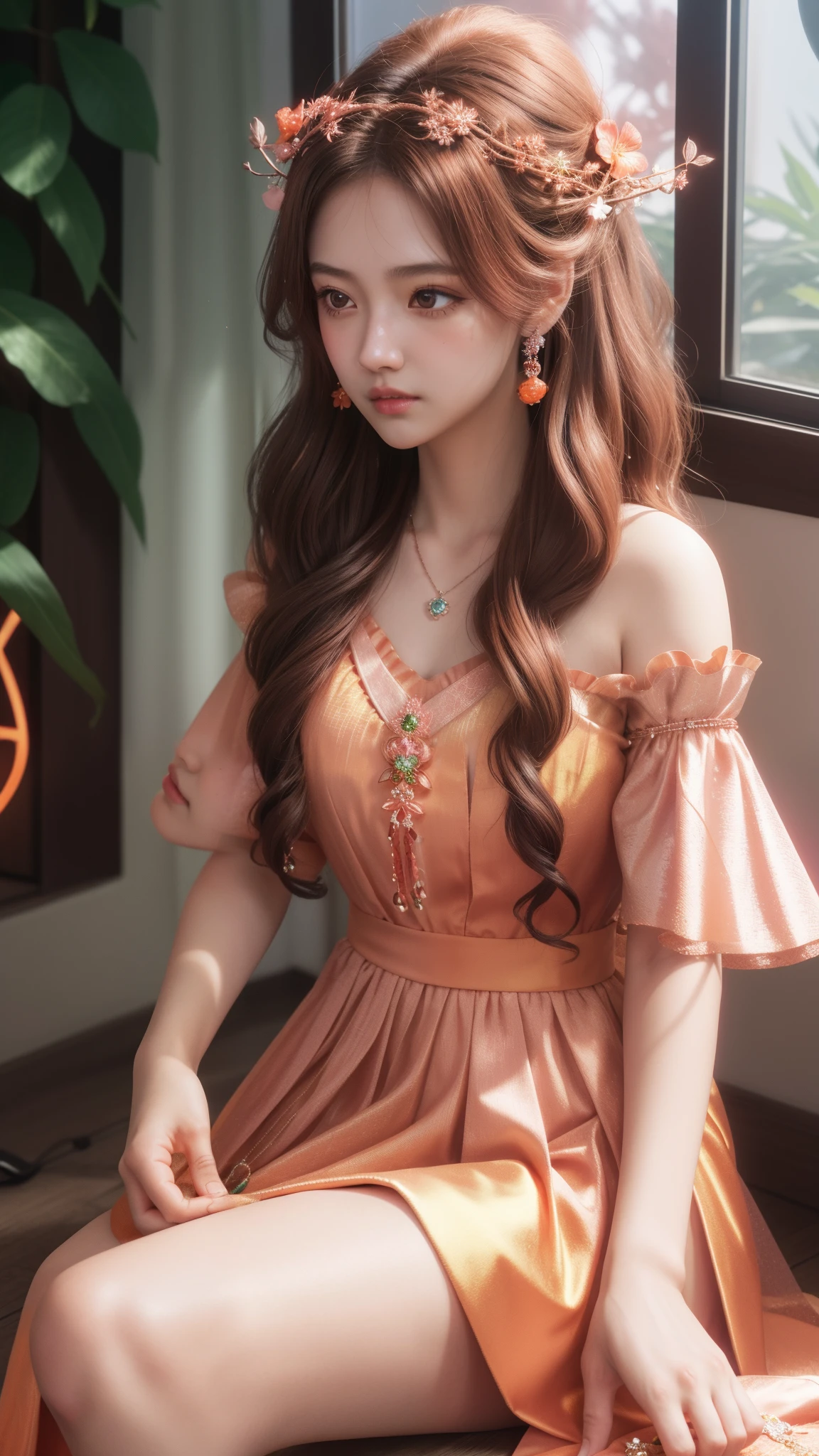 a girl, detailed hair, detailed eyes, shy, facial hair, clover hair ornament, jeweled branch of hourai, jewelry, light blush, light blush, musical note hair ornament, dark orange dress, princess dress, orange highlight, glowing light, ray tracing, bloom, chromatic aberration abuse, motion blur, 4K, UHD, masterpiece, sitting,