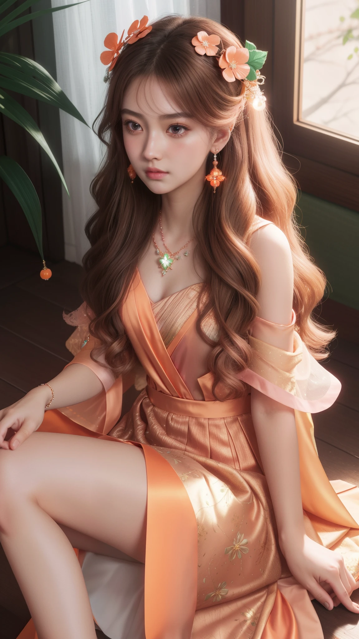 a girl, detailed hair, detailed eyes, shy, facial hair, clover hair ornament, jeweled branch of hourai, jewelry, light blush, light blush, musical note hair ornament, dark orange dress, princess dress, orange highlight, glowing light, ray tracing, bloom, chromatic aberration abuse, motion blur, 4K, UHD, masterpiece, sitting,