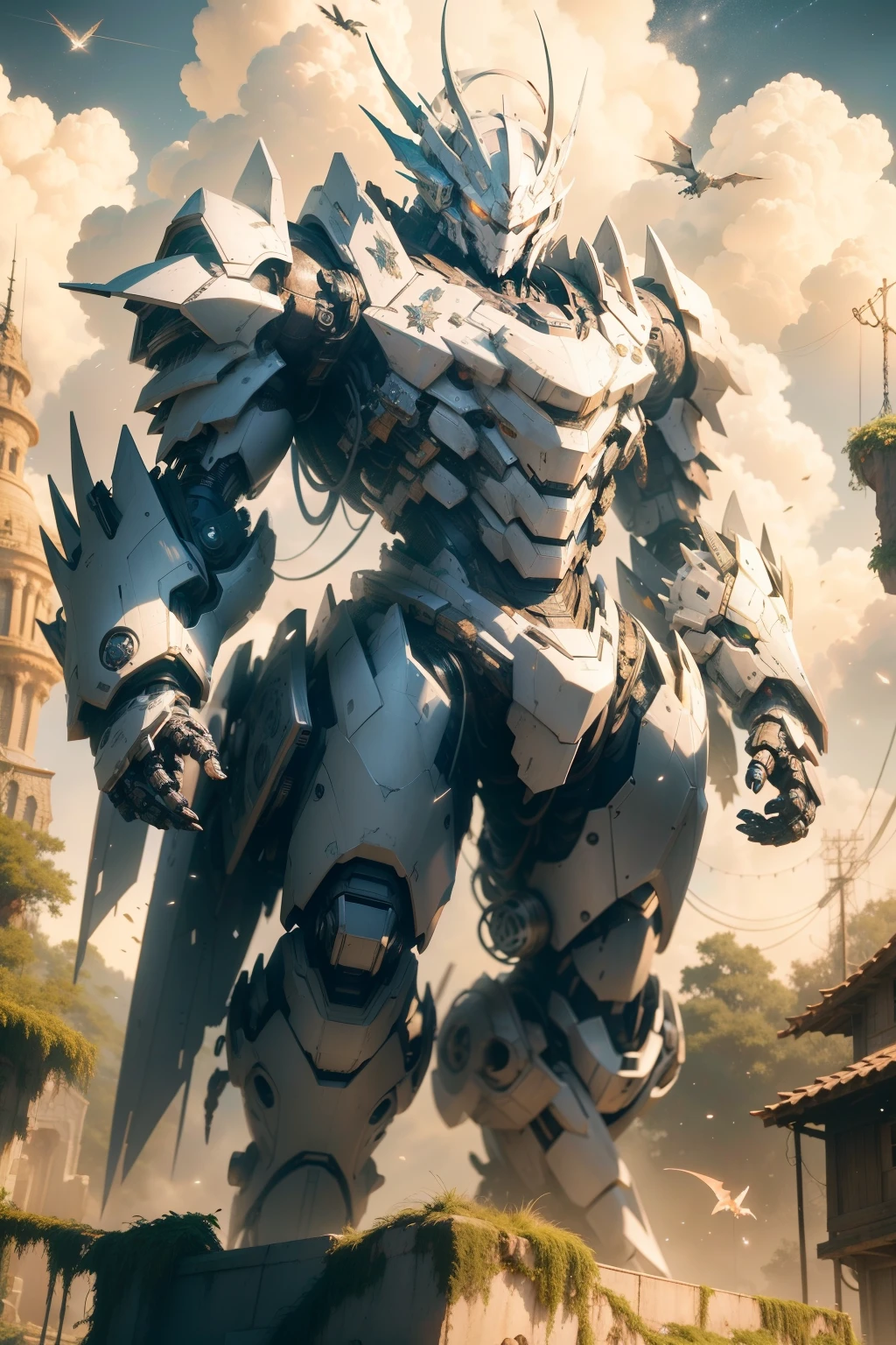 Primer plano del robot, anime robotic mixed with organic, Bajo las estrellas consta de muchos fragmentos de metal, A Dragon Made of Machine Parts, Mecha de anime gigante, Tremendo robot mecha, Mecha de Vitruvio, Escultura de metal, Arte del metal, Robot hecho de piezas de chorro, Pterodactyl wick, Cola de caballo alta, inexpresivo, cinematic lighting, desde abajo, Imagen residual, cubismo, Detalles altos, Altas Resoluciones, Detalles altos, UHD