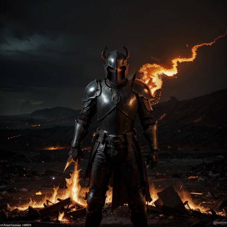 (a knight in armor:1.1, hellish inferno:1.2),demonic creature,fiery red eyes,heavily adorned armor,smoking battlefield,flaming sword,ominous dark clouds,burning embers,menacing silhouette,fiery destruction,sinister atmosphere,spectral figures,damned souls,struggling against the darkness,crumbling ruins,ominous castle,shadows engulfing the landscape,eternal battle between good and evil,apocalyptic showdown,doomed fate,castle in ruins,blazing inferno,dark knight,impending doom,lava flows,sword of justice,devilish horns,demonic presence,searing heat,battlefield of the damned,spectral glow,ominous glow,conquering the abyss,unleashing fury,endless abyss,warrior of damnation,conqueror of souls