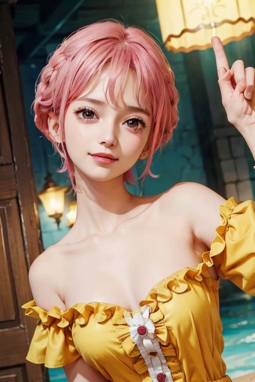 (masterpiece), Rebecca_onepiece, one-girl,  little breast, ((short hair)), ((hair down)), noble clothes, ((beautiful face)), (off shoulder: 1.2), looking at viewer, smile, blush, cute pose, indoor, standing, upper body