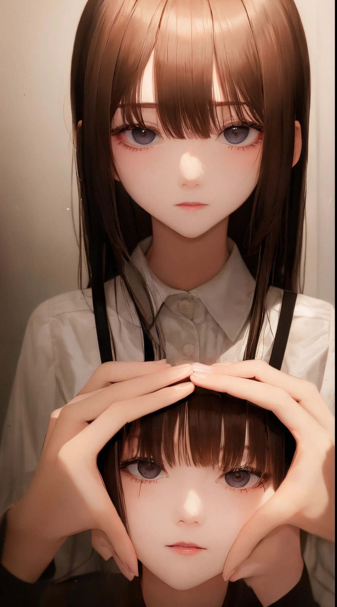 Obra maestra, La mejor calidad, (foto oscura: 1.3), fotorrealista, 1girl, flequillo plano, Pretty innocent symmetrical face, camisa, emocional, ulzzang, id photography