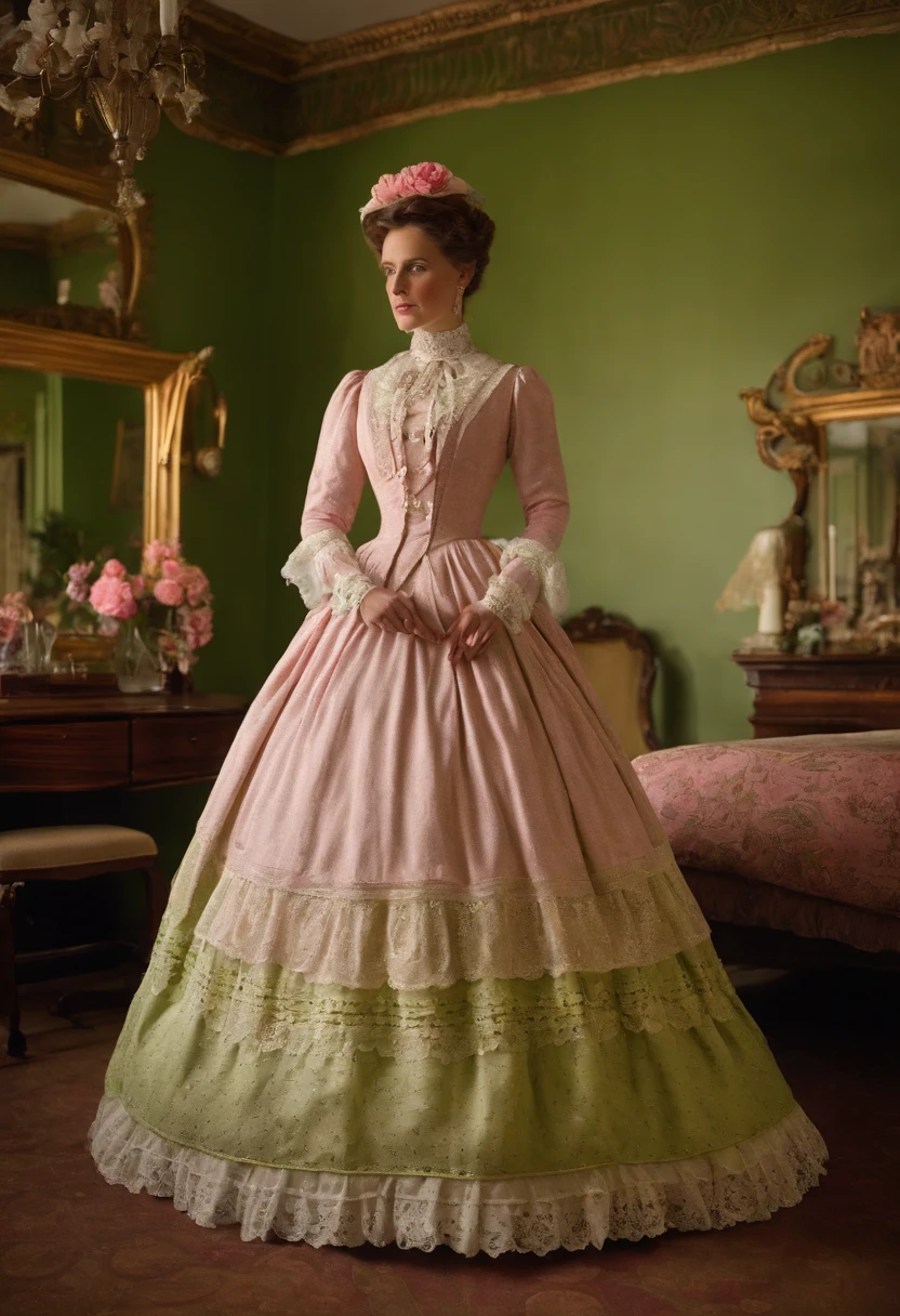 a woman standing in a lime green flower dress with white lace trim, pink flower accents, wearing a white ballroom gown, standing inside a victorian bedroom, victorian style costume, wearing 1860s era clothes, wearing 1850s era clothes, wearing 1 8 5 0 s era clothes, wearing 1 8 6 0 s clothes, full dress, victorian lady, wearing 1 8 5 0 s clothes, with victorian clothing
