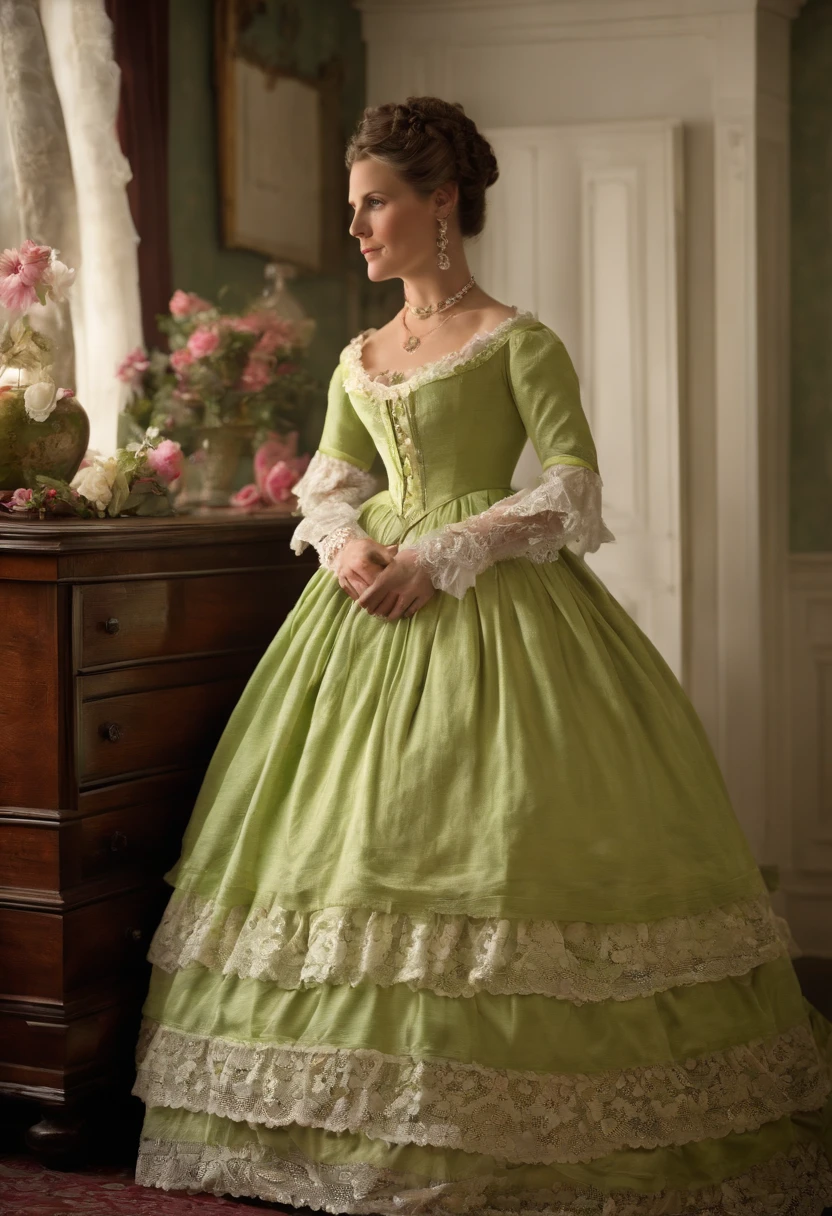 a woman standing in a lime green flower dress with white lace trim, pink flower accents, wearing a white ballroom gown, standing inside a victorian bedroom, victorian style costume, wearing 1860s era clothes, wearing 1850s era clothes, wearing 1 8 5 0 s era clothes, wearing 1 8 6 0 s clothes, full dress, victorian lady, wearing 1 8 5 0 s clothes, with victorian clothing