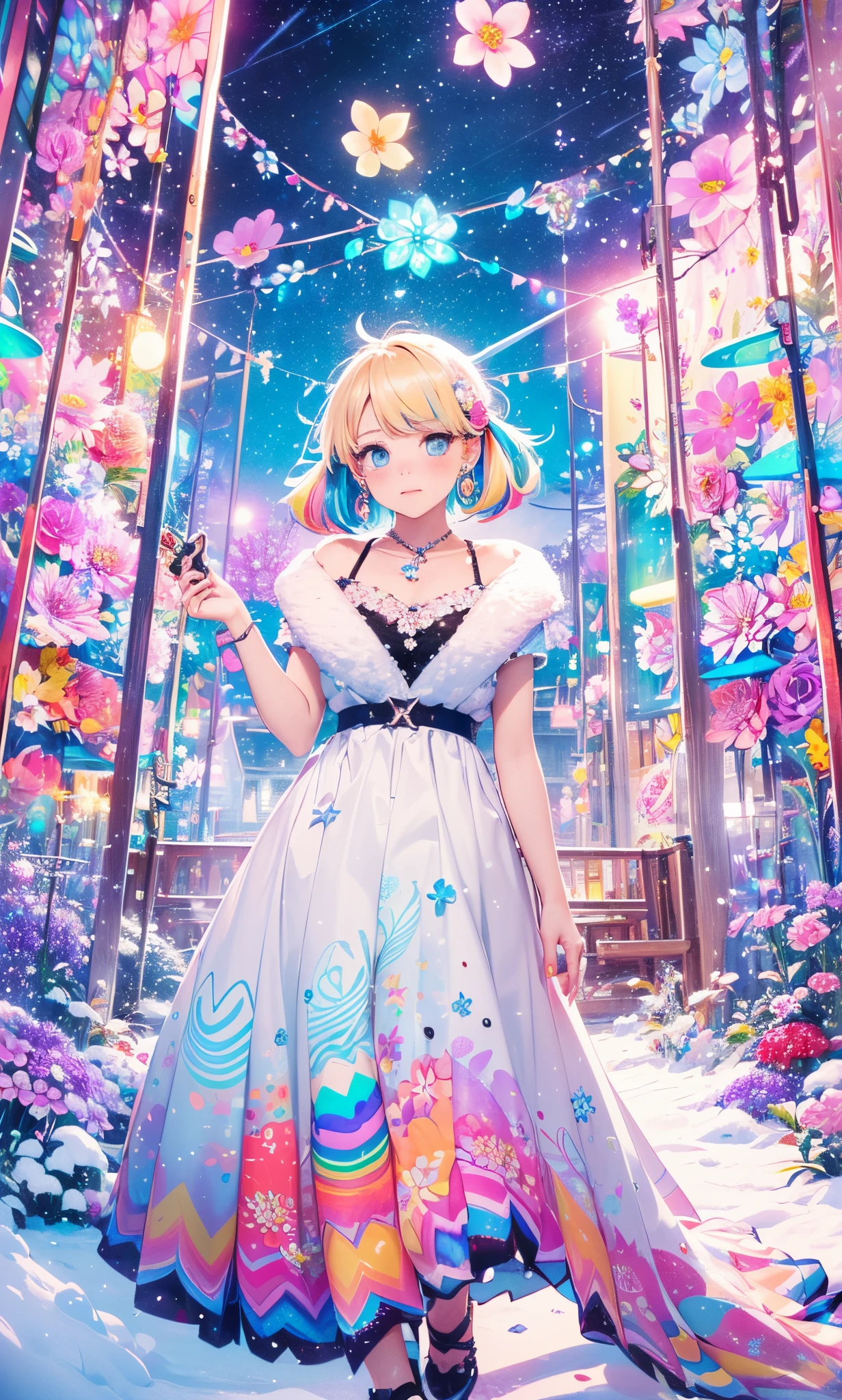 Melody Mark,top-quality、masutepiece、1womanl、独奏、(abstract  art:1.4),(Psychedelia Theme:1.6),(Gunjo World:1.5),(Snow World:1.5),(Winter World:1.5),(At the center of the world is the most beautiful woman in the world),(many stars are falling:1.3),A ray of light spreads,Crystals spreading from the center,prisma(Nostalgic landscapes:1.5),(colorful flower:1.5),Garden Girl,absurderes, ultra-detailliert,bright colour, extremely beautiful detailed anime face and eyes,Short hair,asymmetrical bangs, Blonde hair with short twin tails, Shiny hair, Delicate beautiful face, red blush、Blue eyes, White skin, hair clips, earrings, a necklace,Beautiful cloud, Dusk sky,