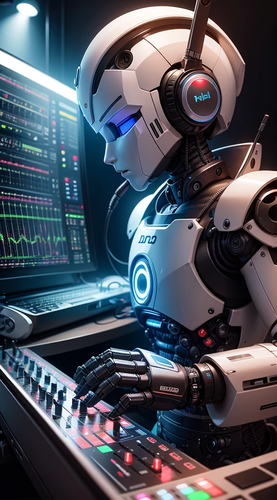 a robot DJ creating music in a studio