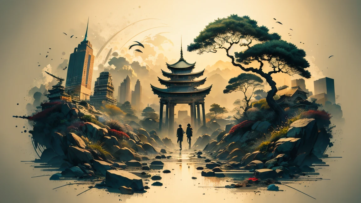 Absurd, high resolution, ultra-detailed, (1 girl:1.3), broken, design a beautiful temple scene, intricate architecture, lush gardens, and a sense of peace and spirituality. Broken, creating an image of a destructive demon with terrifying features, dark powers, and a thirst for chaos and destruction. Broken, designed with a fisheye effect image that captures a wide field of view with a unique curved viewing angle. Break to create rooftop views in urban environments with panoramic cityscapes, dramatic skylines, and a sense of elevation. Break , illustrating the tender moments between parents and children, capturing their bonds, love, and connection. Broken, using pointillism to illustrate images, carefully placed tiny dots of color to create a cohesive and visually stunning whole.