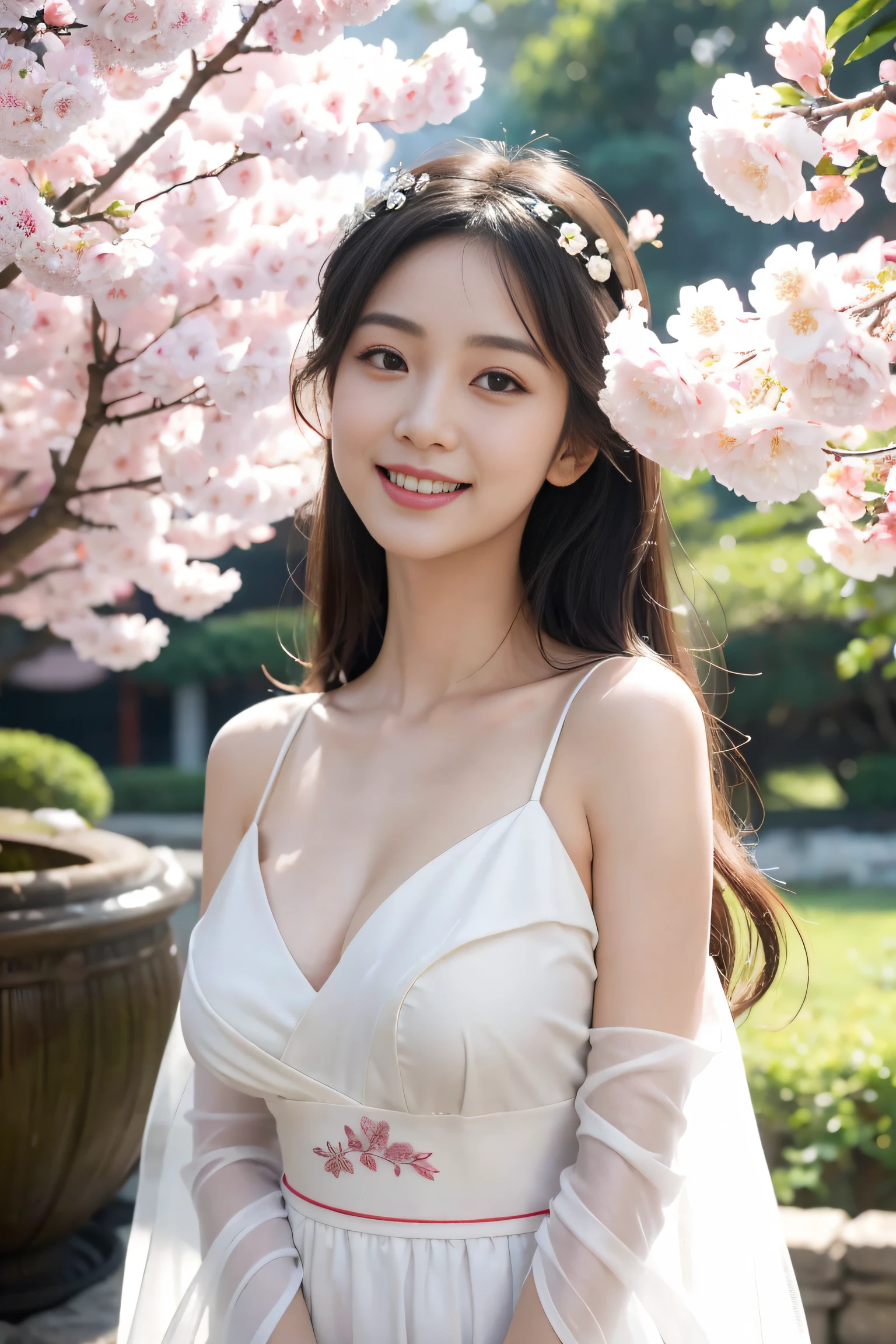 1 girl, Front view, japanes, Facial and body details are very rich, Cute big breasts, Goddess of beauty, 8K, hyper realisitc, tmasterpiece, Skin glows, Smiling, Good mood, Silk white queen dress, ssee-through:1.3, through a very thin veil, blooming flower: 1.5