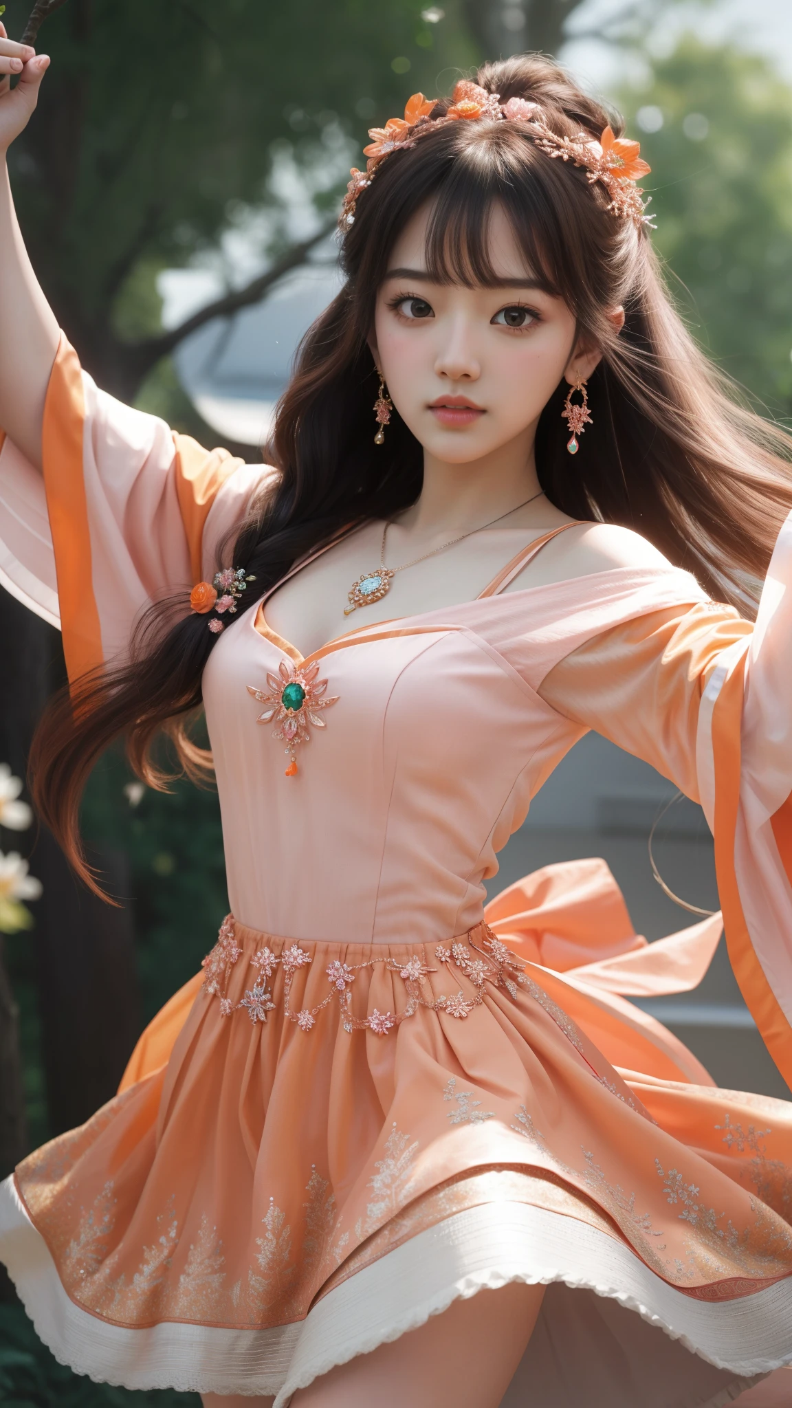 a girl, detailed hair, detailed eyes, shy, facial hair, clover hair ornament, jeweled branch of hourai, jewelry, light blush, light blush, musical note hair ornament, dark orange dress, princess dress, orange highlight, glowing light, ray tracing, bloom, chromatic aberration abuse, motion blur, 4K, UHD, masterpiece, dancing poses,