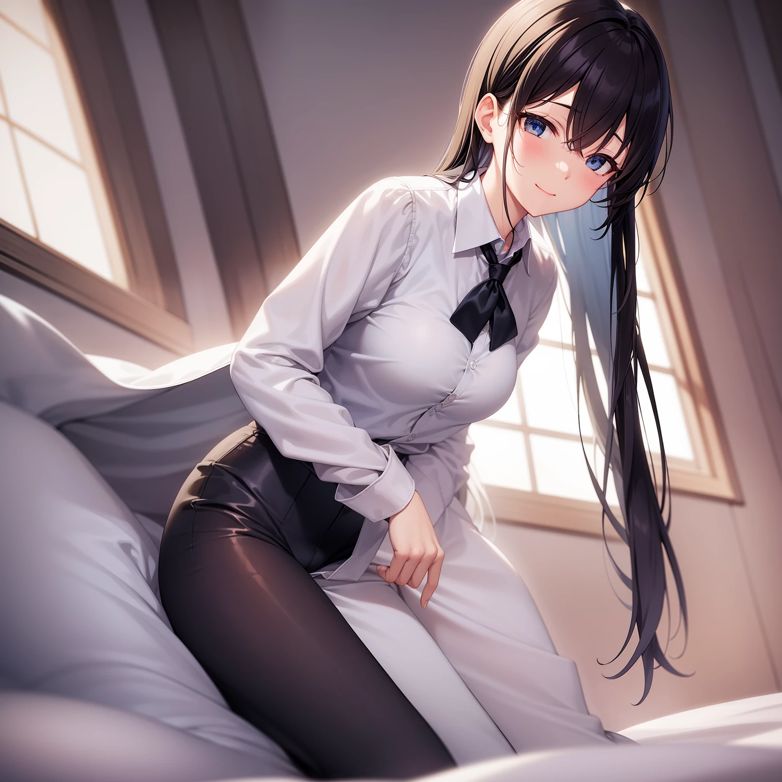 Yukino under the snow,Woman wearing sexy silk nightgown stands in a large alcove of the room, 1个Giant Breast Girl, Alone, tiese, brunette color hair, eBlue eyes, long whitr hair, ssmile, jaket, looking at viewert, The shirt, trouser, a blue tie, collared shir, white pantie, white  shirt, Indoors, By bangs, longer sleeves, Keep your mouth shut, janelas, Black jacket, Be red in the face, cow boy shot, formal, Bitchsuit, full bodyesbian