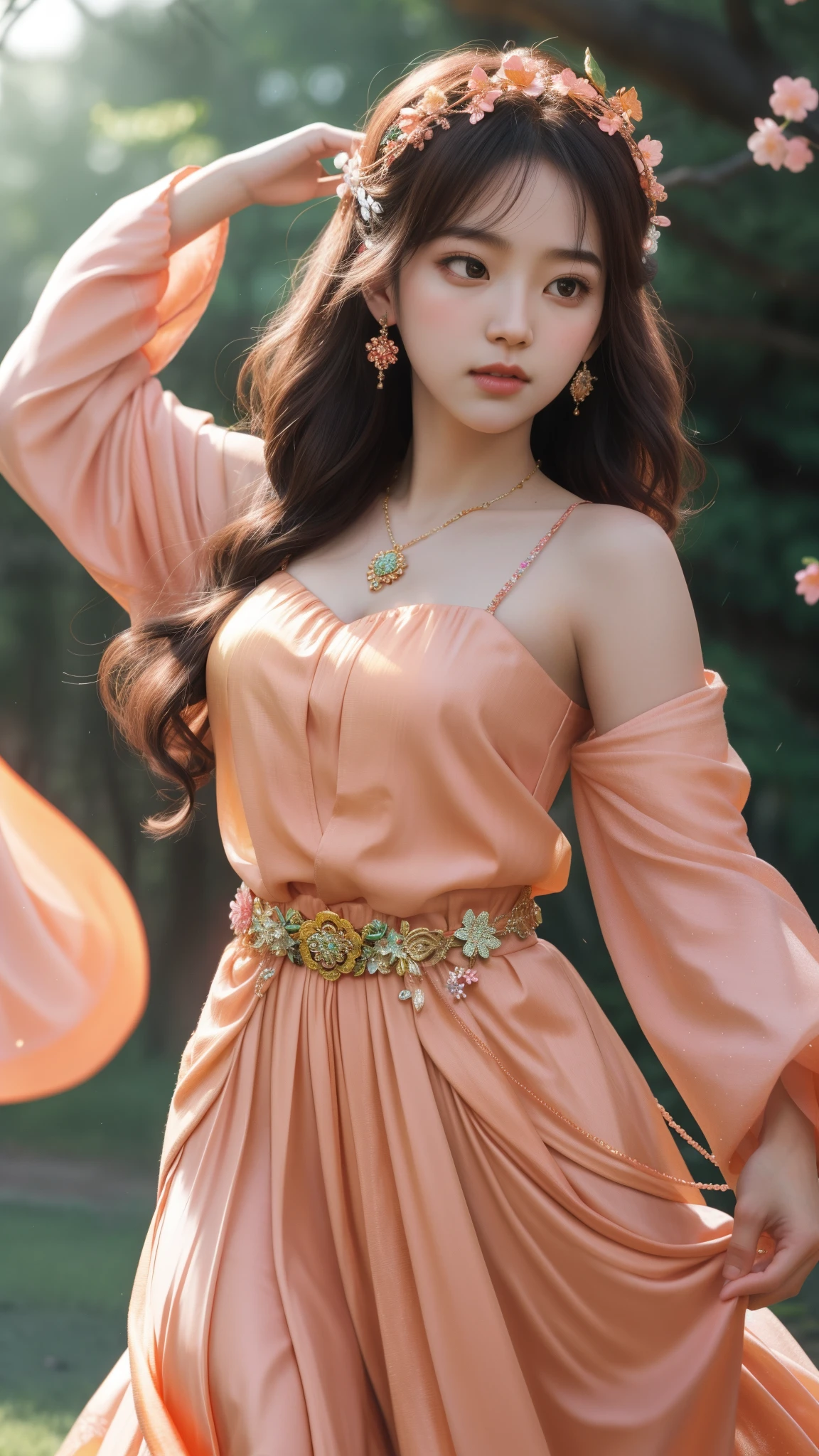 a girl, detailed hair, detailed eyes, shy, facial hair, clover hair ornament, jeweled branch of hourai, jewelry, light blush, light blush, musical note hair ornament, dark orange dress, princess dress, orange highlight, glowing light, ray tracing, bloom, chromatic aberration abuse, motion blur, 4K, UHD, masterpiece, dancing poses,