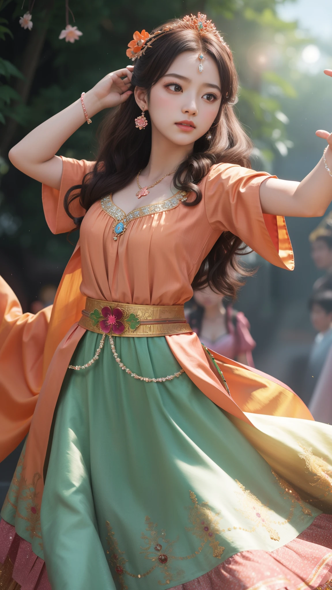 a girl, detailed hair, detailed eyes, shy, facial hair, clover hair ornament, jeweled branch of hourai, jewelry, light blush, light blush, musical note hair ornament, dark orange dress, princess dress, orange highlight, glowing light, ray tracing, bloom, chromatic aberration abuse, motion blur, 4K, UHD, masterpiece, dancing poses,