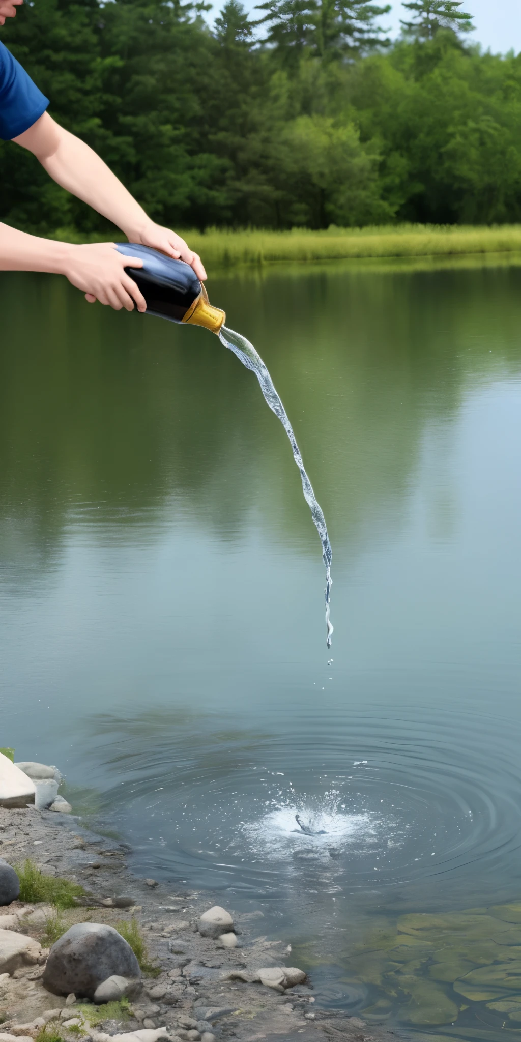 A person pouring out champagne into a lake for a tshirt design